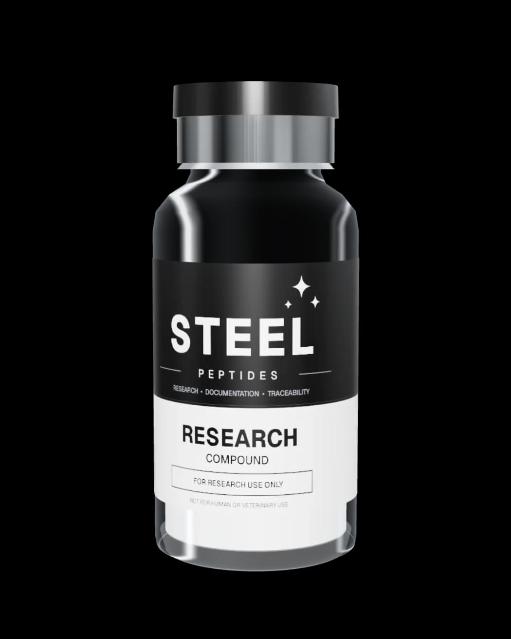 Steel Peptides research vial with brushed-steel crimp cap and black and white research-use label